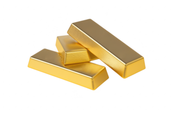 Several shiny gold bars stacked together for wealth and investment purposes isolated on transparent background