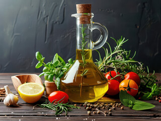Still life featuring olive oil in a glass bottle with fresh herbs and various food ingredients