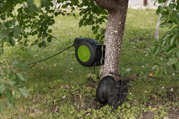 Garden Hose Reel Mounted on Tree Trunk Outdoors, Black and Green Color Scheme, Lawn, Branch,...