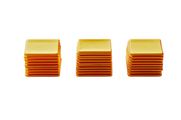 Three stacks of glod bars arranged increasing isolated on transparent background