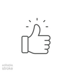 Thumbs up icon. Outline style. Hand gesture, like symbol, approval, agree, positive feedback, vote yes, confirm, success sign, social media interaction. Thin line symbol. Editable stroke.