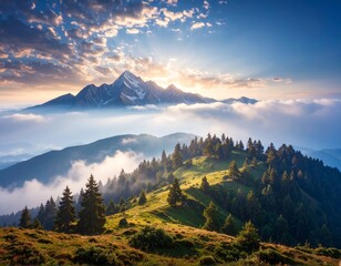 Górski krajobraz oświetlony słońcem i spowity mgłą