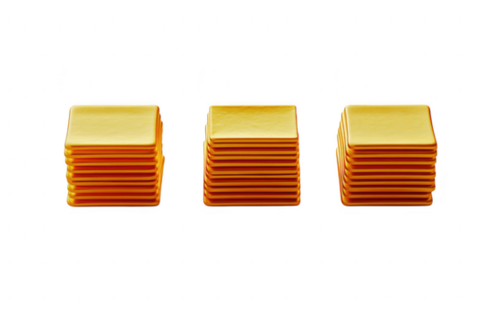 Three stacks of glod bars arranged increasing isolated on transparent background