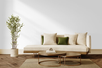 Luxury minimalist interior sofa with green pillows, potted olive tree and coffee table isolated PNG...