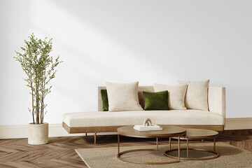 Cozy interior scene with sofa, pillows, round table and olive tree – PNG with transparent...