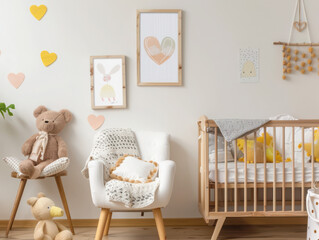 A nursery room with a crib, chair, teddy bears and heart shaped wall decorations in a cozy setting