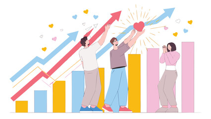 Team celebrating success with rising arrows and bar chart holding a heart symbol above them all