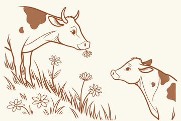 Vector art of a mother cow grazes peacefully in a field of daisies as her calf looks on in this charming vector illustration