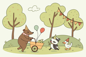 Vector art of a cheerful bear and friends celebrate a birthday in the forest with balloons and gifts in this cute vector illustration