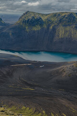 Turquoise Lake Amid Basaltic Hills in Volcanic Icelandic Landscape
