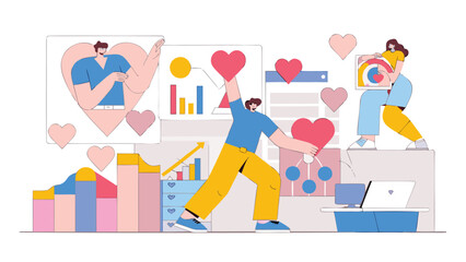 People interacting with charts graphs and hearts in a business social media marketing environment setting