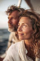 Obraz premium Happy couple enjoying a sunset yacht vacation while creating lasting memories and embracing love at sea