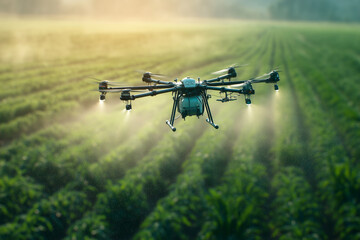 Futuristic Agricultural Drones Spraying Crops in Smart Farming Fields