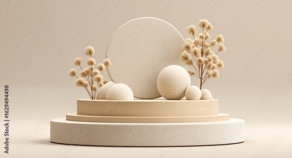 Poster a presentation stage or platform hosts an elegant beige product display podium complemented by the p