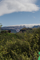 Lush Green Landscape with Glacier Covered Mountains in Iceland