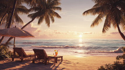 Relaxing on a tropical beach at sunset with palm trees, sun loungers, and a refreshing fruit cocktail