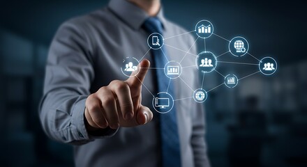 Businessman using interactive interface for business management solutions