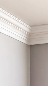 Ornate white ceiling molding highlighting intricate architectural details against neutral gray wall background