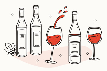 Vector art of elegant wine bottles and glasses illustration with a splash of red wine for a sophisticated design