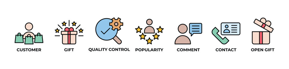 Customer Delight Icons set vector illustration color with Customer, Gift, Quality control, Popularity, Comment, Contact, Open gift