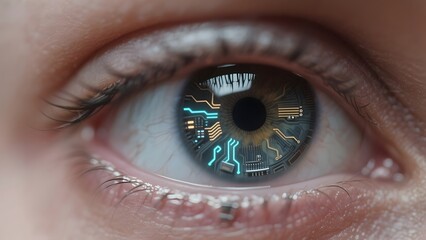 Close-up of a human eye with digital circuit patterns overlaying the iris, symbolizing technology integration with human biology.