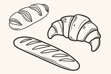 Vector art of hand drawn vector illustration of assorted breads including a croissant baguette and loaf perfect for a bakery or food concept