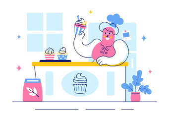 Vector Illustration of a Confectioner Chef Wearing an Apron While Preparing Delicious Desserts, Sweet Products, and Pastries in a Flat Background