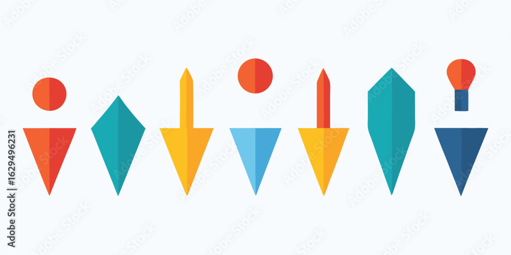 Poster vector art of collection of abstract geometric shapes and arrows pointing up and down, isolated on w