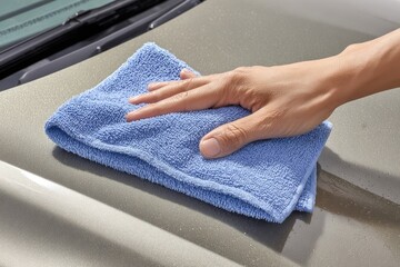 A hand using a light-blue microfiber cloth to polish a gray car hood