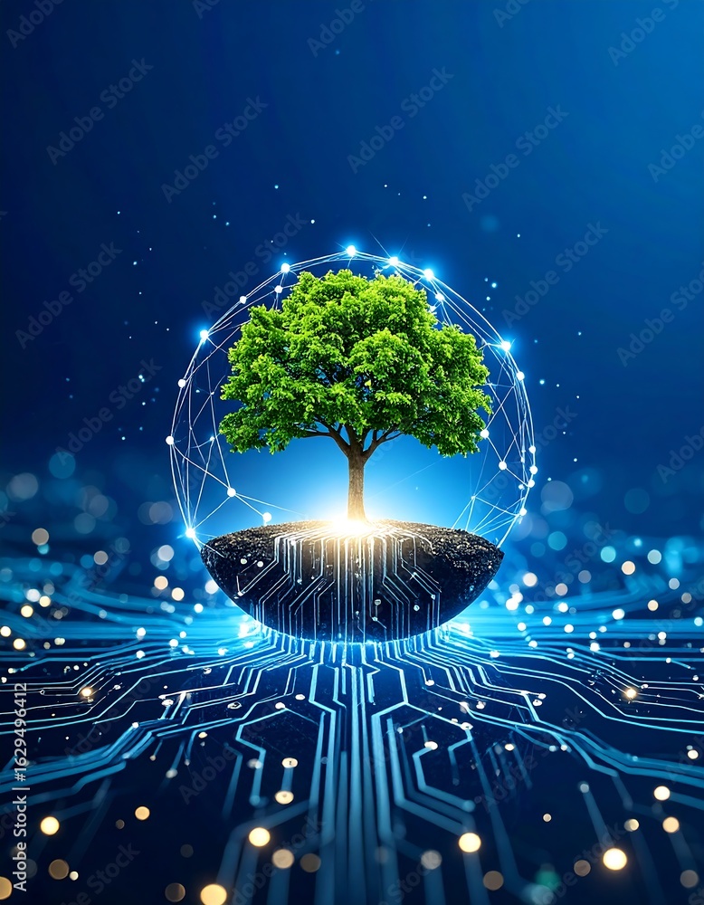 Poster digital tree green tree on floating land, surrounded by network, growing from circuit board. tech na