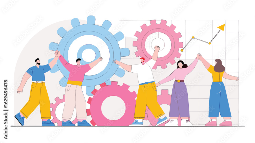 Poster teamwork illustration showing people with gears and a rising graph in the background design concept