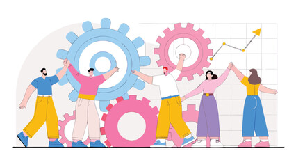 Fototapeta premium Teamwork illustration showing people with gears and a rising graph in the background design concept
