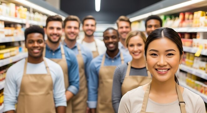 A diverse team of smiling supermarket employees in aprons posing together in a grocery store aisle.