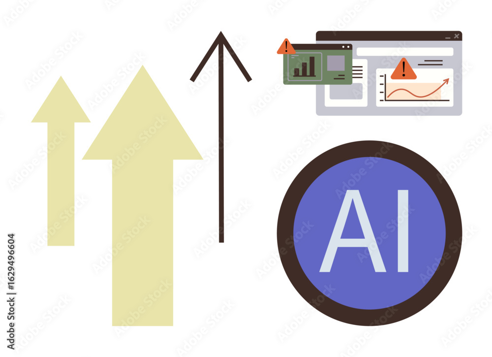 Aufkleber upward arrows, ai badge, and data chart with alerts emphasizing progress, technology, and decision-m
