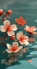 Delicate cherry blossoms, soft peachy-pink, floating on teal water