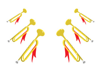 Isometric fanfares announcing the beginning of an important event top aerial view. Realistic 3D vector concept isolated on white background