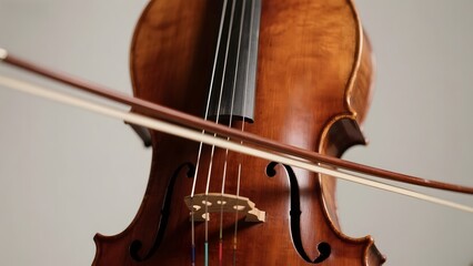 Close-up of a violin with bow in motion, highlighting its wooden texture and strings.