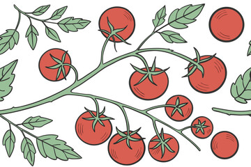 Illustration of fresh tomatoes on the vine with leaves a vibrant and colorful design perfect for backgrounds and patterns