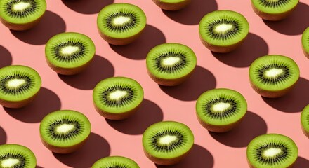 Pattern of Fresh Kiwi Slices on a Colored Background with Shadows
