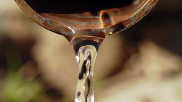 Water Flows from Copper Pipe Dripping in Macro Shot with Blurred Background