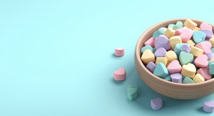 Obraz premium The image features a bowl of pink marshmallows in heart shapes on a blue background