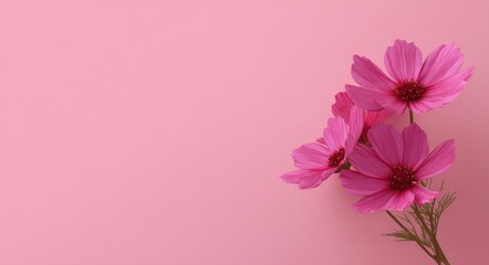 Fototapeta premium Three Pink Cosmos Flowers on Pink Background is a description that features cosmos, flowers, and the color pink