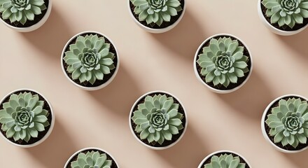Geometric Arrangement of Succulents in White Pots on a Beige Background