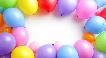 The phrase describes various types of balloons including colorful ones and party balloons along with a frame on a white background that features colorful balloons