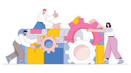 Teamwork illustration of people pushing gears together to achieve a common goal in business and projects