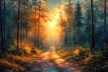 Fototapeta premium Path cutting through a forest in a painting.