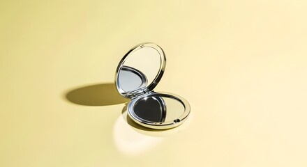 An open compact mirror placed against a soft yellow background, symbolizing beauty and elegance. Ideal for cosmetics, personal care, and minimalistic branding and design themes.