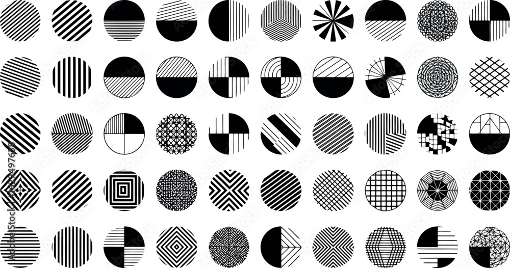 Poster vector art of a large collection of diverse abstract circular patterns and designs with black and wh