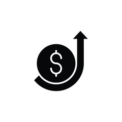 Cost increase icon. Glyph style. Dollar arrow up, price growth, financial data, currency exchange, income trend. Silhouette solid symbol.
