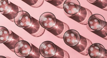 Pattern of Glasses With Ice Water on a Pink Background